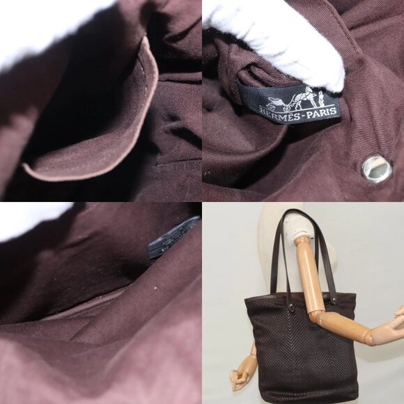 HERMES Kaba Chennai MM Hand Bag Canvas Leather Brown Silver Auth bs21951 - Picture 15 of 16